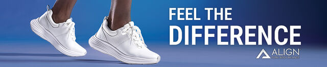 Feel the Difference. Align™ Total Body Balance Logo. Person wearing Align™ Tulia sneakers in white.