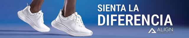 Siente la diferencia. Logotipo de Align™ Total Body Balance. Persona con zapatillas Align™ Tulia en color blanco.