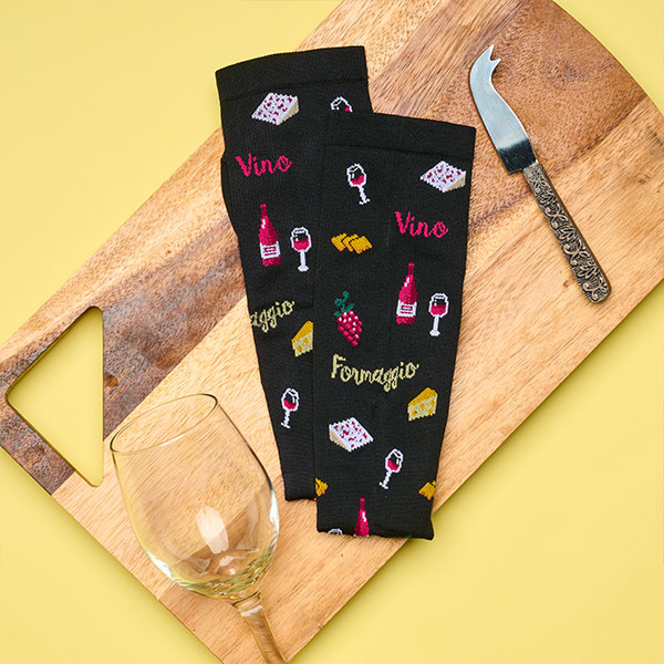 Women’s Compression Socks in Wine and Cheese in black. Shop these socks.